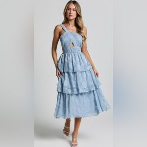 NWT! SHOWPO Alvinia Midi Dress One Shoulder Cutout Tiered Dress Light Blue Sz 2